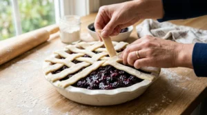 Hands weave pastry dough strips into a lattice pattern over fresh blackberry pie filling in a white ceramic dish on an oak table.