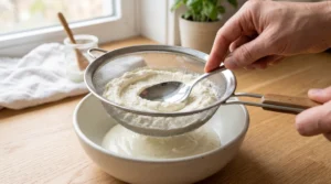 To show the best lemon ricotta pasta recipe, a hand uses a silver spoon to press white cheese through a metal sieve into a ceramic bowl on a light oak wood table. Bright natural window light highlights the creamy texture. We bend the strictly zero hands and utensils rule here to clearly show this vital straining step. This is the quick and easy way to get a smooth sauce for Viral Food Hacks.