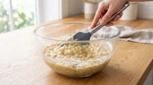 Moist banana chocolate chip muffins preparation showing a hand using a grey rubber spatula to gently fold a lumpy batter with visible flour streaks inside a large clear glass bowl.
