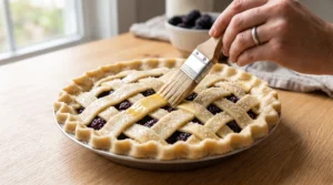 A hand uses a pastry brush to apply egg wash over a sugar-sprinkled blackberry pie lattice on a light oak table.