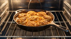 Old fashioned peach cobbler recipe baking inside an oven, showing a black cast iron skillet filled with bubbling peach sauce and deep golden brown drop biscuits.