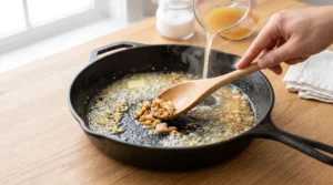 One pot garlic parmesan chicken pasta preparation showing a hand pouring chicken broth from a measuring cup into a hot black skillet while using a wooden spoon to scrape up browned garlic and butter.