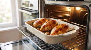 Oven baked chicken breast recipe showing a white baking dish with three golden, juicy roasted chicken breasts on a metal rack inside a hot oven.