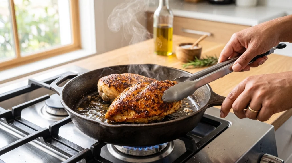 Pan seared chicken breast recipe showing a hand using metal tongs to flip golden-crusted chicken in a smoking hot cast iron skillet on a stovetop with a light oak wood aesthetic in the background.