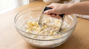 Peach cobbler recipe with biscuit topping preparation showing a hand using a spoon to cut cold butter cubes into a flour mixture inside a clear glass bowl on a light wooden surface.