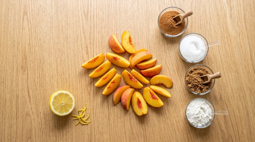 Peach cobbler recipe with fresh peaches ingredients flat lay showing fresh sliced peaches arranged in the center, next to a halved lemon, lemon zest, and small glass bowls containing cinnamon, white sugar, brown sugar, and cornstarch on a light oak table.