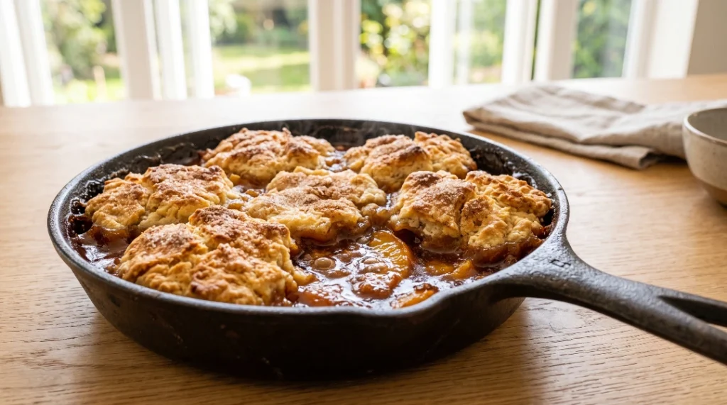 A close-up view of a baked peach cobbler in a cast iron skillet, with labels pointing to the perfectly textured topping, caramelized sauce, spice blend, and juicy peach pieces.