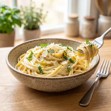 To show the best Ricotta Pasta Recipe, a bowl of creamy pasta with fresh basil and parmesan sits on a light oak wood table. Bright natural window light highlights the steam. A hand uses a silver fork to twirl a perfect bite. This quick and easy method is the best way to make a comforting meal. This stunning hero cover welcomes every fan to Viral Food Hacks for the perfect recipe today.
