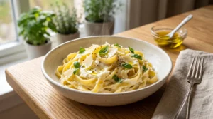 To show the best ricotta pasta recipe, a warm ceramic bowl of creamy pasta topped with fresh green basil and parmesan sits on a light oak wood table. Bright natural window light highlights the rising steam. We bend the strict zero utensils rule here for a silver fork to clearly show the perfect final serving setup. Plating your hot meal right away is the quick way to get the best taste today.