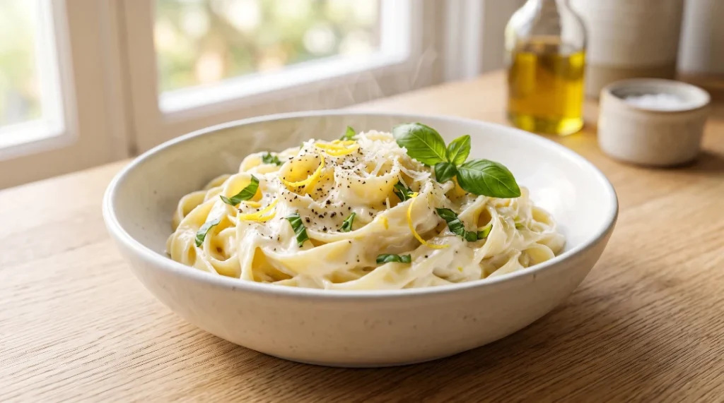 To show why this is the best ricotta pasta recipe, a warm white ceramic bowl filled with creamy pasta, fresh basil, and lemon zest sits beautifully on a light oak wood table. Bright natural window light highlights the rising hot steam. We strictly follow our zero utensils rule here for a perfectly clean look. This premium quality standard is exactly what your Viral Food Hacks fans expect.