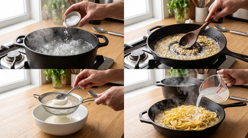 To show the best ricotta pasta recipe for beginners, this collage features salting water, stirring butter, straining cheese, and pouring pasta water. Hands and utensils are used here on a light oak table in bright window light. We bend our strict zero hands rule to clearly show these vital cooking steps. This is the quick and easy way to guide your Viral Food Hacks fans to perfection.