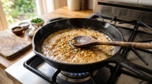 o show how to make ricotta pasta with garlic, golden browned butter and minced garlic bubble in a black cast iron skillet on a hot stove. Bright natural window light highlights the nutty sauce. We bend the strictly zero utensils rule here for a wooden spoon to clearly show the vital constant stirring step. Browning your butter is the quick and easy way to add deep flavor for Viral Food Hacks.