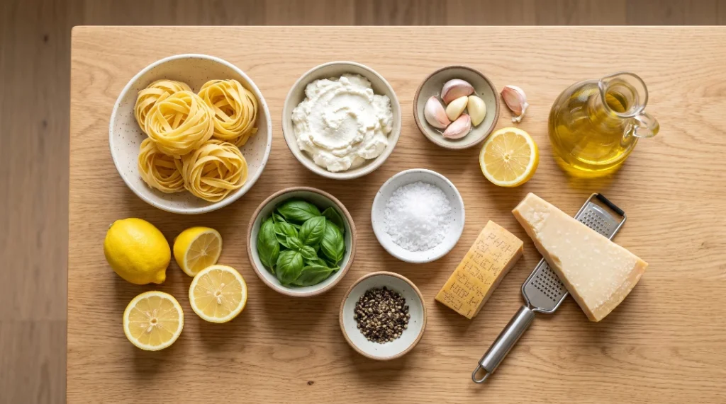 To show the best simple ricotta pasta recipe, fresh ingredients like pasta, ricotta cheese, lemons, basil, garlic, parmesan, and olive oil sit in bowls on a light oak wood table. Bright natural window light highlights the fresh food. We bend the strict zero utensils rule here for a cheese grater to show vital prep tools. This clean flat lay is perfect for your Viral Food Hacks fans.