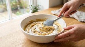 Soft chocolate chip cookies recipe preparation showing a hand using a grey spatula to gently fold flour and chocolate chips into dough in a white bowl resting on a light oak wooden counter.
