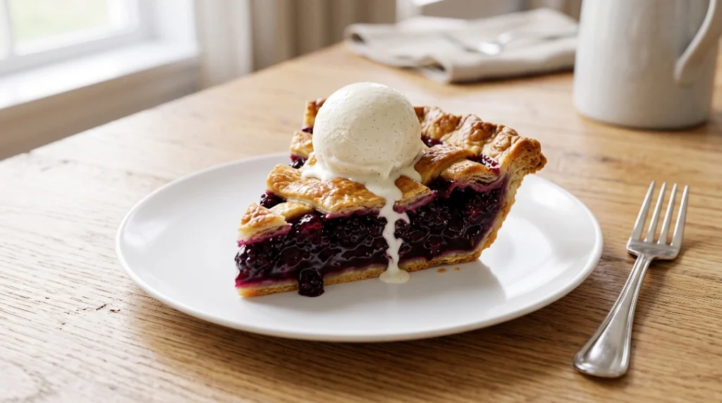 A slice of blackberry pie topped with melting vanilla ice cream served on a white plate with a silver fork.