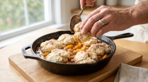 Southern peach cobbler recipe assembly showing a hand using a metal spoon to carefully drop large biscuit dough dollops over a bubbling peach filling in a black cast iron skillet.