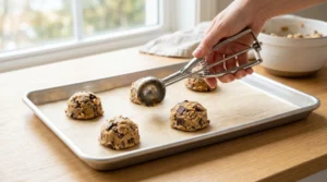 A hand using a metal cookie scoop to place perfectly round balls of dough onto a parchment-lined baking sheet on a bright, light oak wooden counter for a thick chocolate chip cookies recipe.