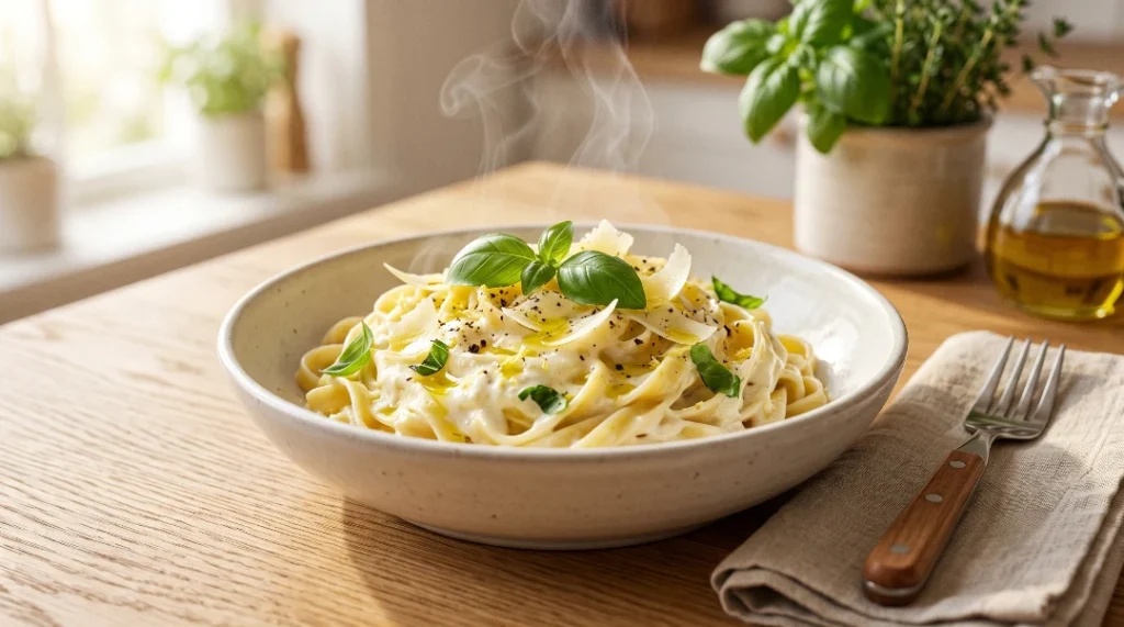 To show serving ideas for a vegetarian ricotta pasta recipe, a warm bowl of creamy pasta with fresh basil and olive oil sits on a light oak wood table. Bright natural window light highlights the rising steam. We bend the strict zero utensils rule here for a fork on a napkin to clearly show the table setting. This elegant look is the best way to serve Viral Food Hacks fans.