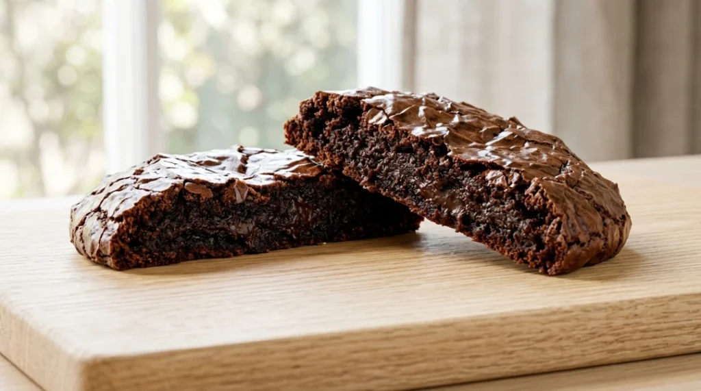 Why brownie cookies look and taste the way they do, showing a broken-open, fudgy chocolate cookie with a signature crinkle top on a light oak wooden board.