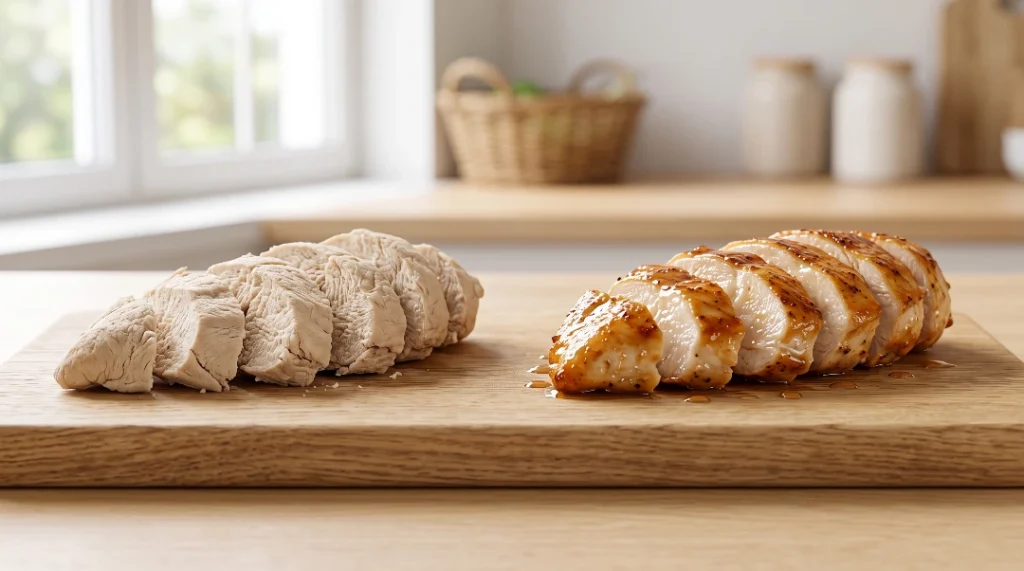 Why chicken breast dries out comparison showing a side-by-side of dry, overcooked chicken breast versus perfectly moist, juicy chicken breast on a light oak wooden cutting board.