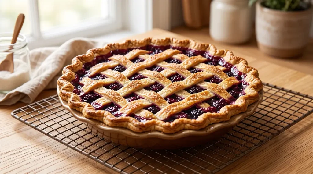 A freshly baked blackberry pie with a golden lattice crust cools on a wire rack on a light oak table near a bright window.