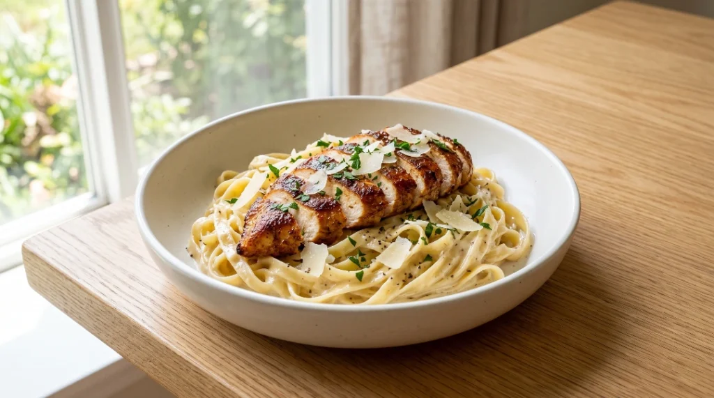 A close-up view of the best garlic parmesan chicken pasta, showing a perfectly seared and sliced chicken breast resting on a bed of creamy, glossy fettuccine noodles in a white serving bowl.