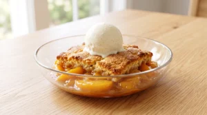 Peach cobbler recipe serving showing a warm portion of golden biscuit crust and gooey peach filling in a clear glass bowl, topped with a scoop of melting vanilla bean ice cream on a light wooden table.
