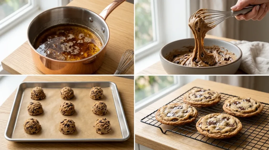 How to make chocolate chip cookies process collage showing four bright and airy steps: browning butter in a copper saucepan, whisking thick batter, spacing dough balls on a baking sheet, and resting baked cookies on a wire rack over a light oak wooden counter.