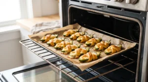 Baked jalapeno popper mummies on a parchment lined baking sheet being pulled out of a hot oven, showing cream cheese filled peppers wrapped in thin strips of crescent dough to look like bandages.
