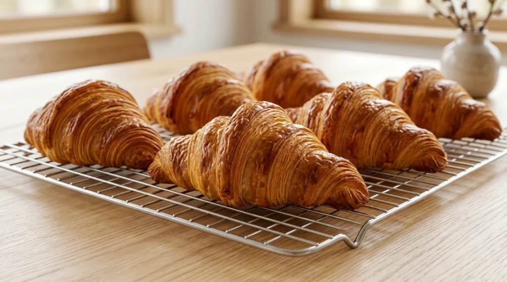 Bakery style croissants recipe showing freshly baked deep golden brown pastries resting on a metal wire cooling rack on a light wooden table.