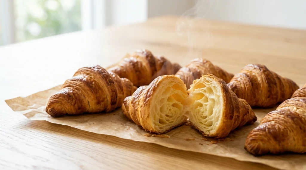 Golden-brown homemade croissants on parchment paper, with one central croissant cut open to reveal steam rising from its perfect flaky, honeycomb interior, on a wooden counter.