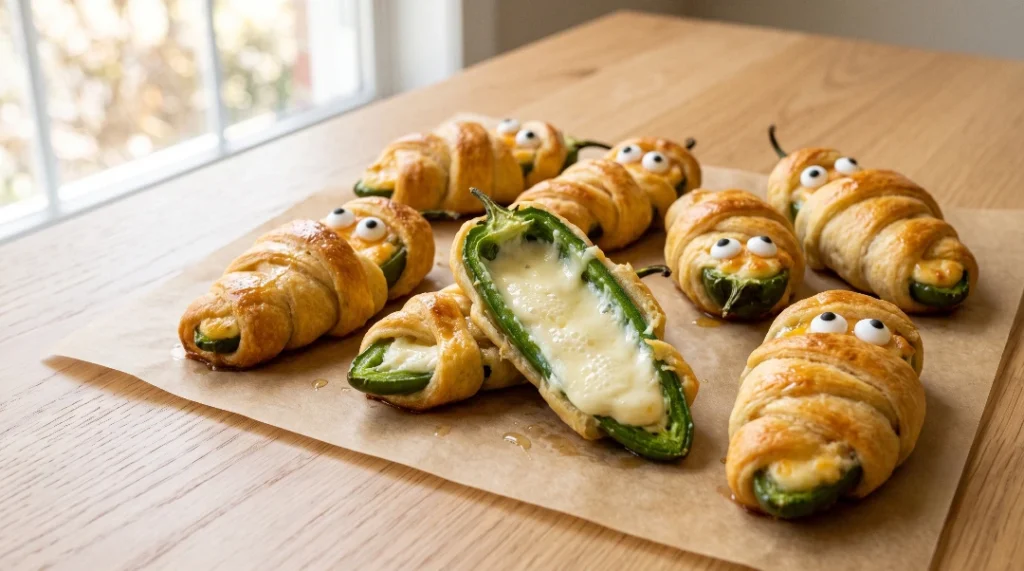 Jalapeno popper mummies on brown parchment paper over a light oak wood surface, with one mummy sliced in half to show the hot, bubbling, and smooth melted cream cheese filling.