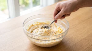 Cream cheese jalapeno popper mummies preparation showing a hand using a metal spoon to mix softened cream cheese and shredded cheddar in a clear glass bowl on a light oak wood counter.