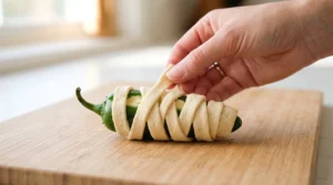Crescent roll jalapeno popper mummies preparation showing a hand gently wrapping thin strips of dough in a crisscross pattern around a cream cheese filled green jalapeno half on a light wooden cutting board.