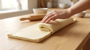 Croissants recipe from scratch preparation showing a hand folding a long rectangular sheet of dough into thirds like a letter on a wooden counter with a rolling pin in the background.