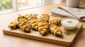 Easy halloween appetizers showing fully baked jalapeno popper mummies on a light oak wood board next to a glass bowl of ranch dip, featuring candy eyes securely set into the warm cream cheese filling.