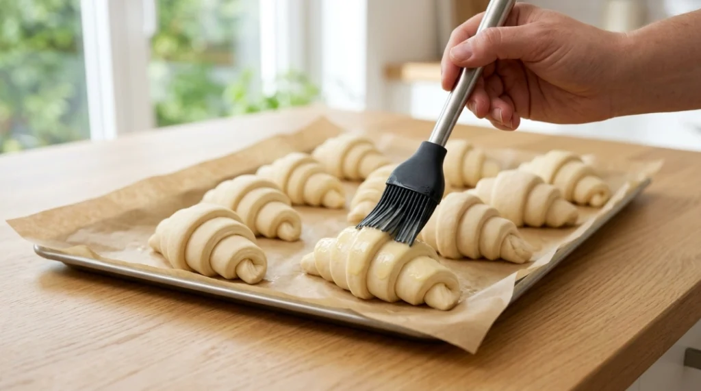 Easy homemade croissants preparation showing a hand using a black silicone food brush to apply a light egg wash to shaped dough on a parchment-lined baking sheet.