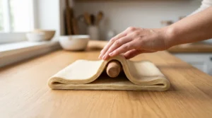 Flaky croissants recipe preparation showing a hand gently lifting a folded sheet of laminated dough over a wooden rolling pin on a light wooden kitchen counter.