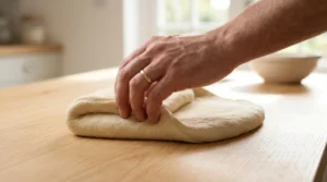 French croissants recipe preparation showing a person's hand pressing down to complete the third fold on a thick piece of laminated dough on a wooden counter.