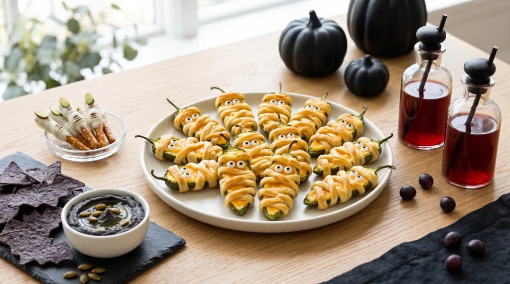 Halloween finger food recipes serving ideas showing a white plate of baked jalapeno popper mummies surrounded by bat shaped blue corn chips, dark dip, white chocolate pretzel fingers, and red drinks on a light oak table with small black pumpkins.