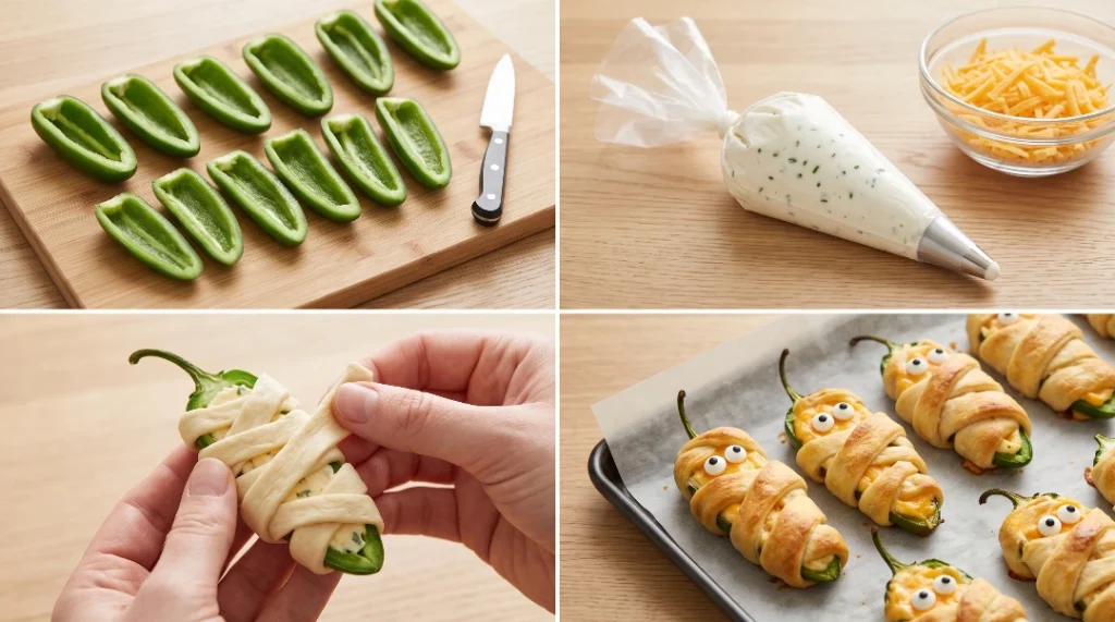 Halloween party food ideas step by step collage showing halved green jalapenos on a light oak wood board, smooth cream cheese filling in a clear piping bag, hands wrapping thin dough strips around a stuffed pepper, and golden baked mummies with candy eyes on a lined baking tray.