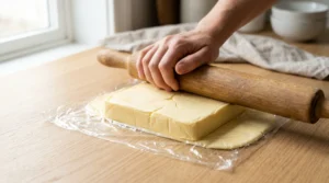 Homemade butter croissants preparation showing a hand using a wooden rolling pin to pound a thick block of cold European butter between sheets of clear plastic wrap on a wooden kitchen counter.