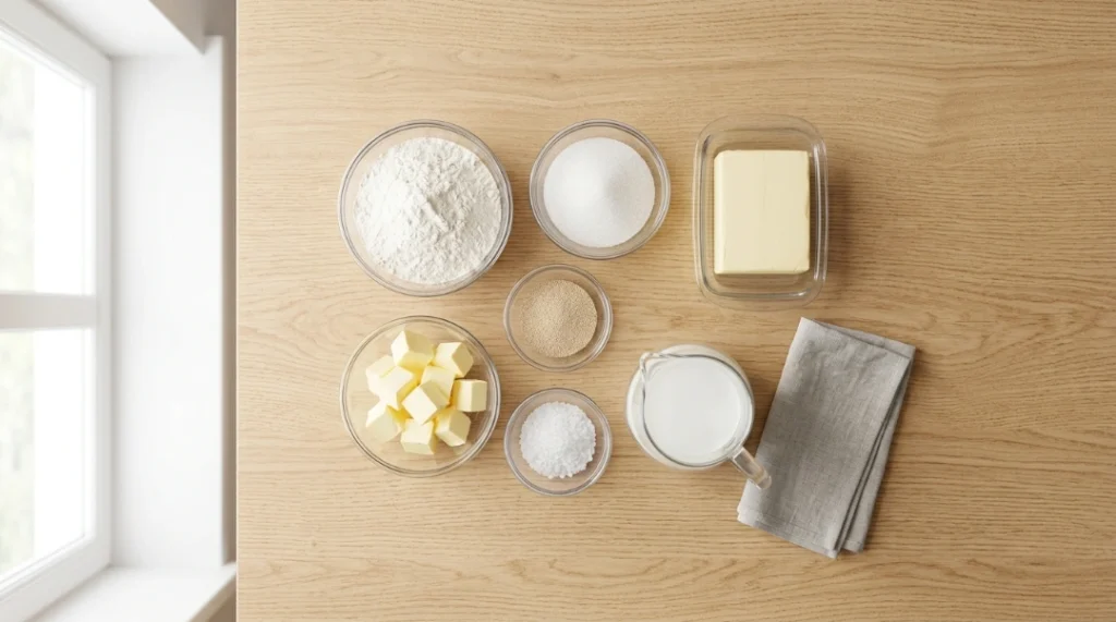Homemade croissants recipe ingredients flat lay showing flour, sugar, a large block of European butter, cubed butter, yeast, salt, and cold milk arranged in glass bowls on a light wooden table.