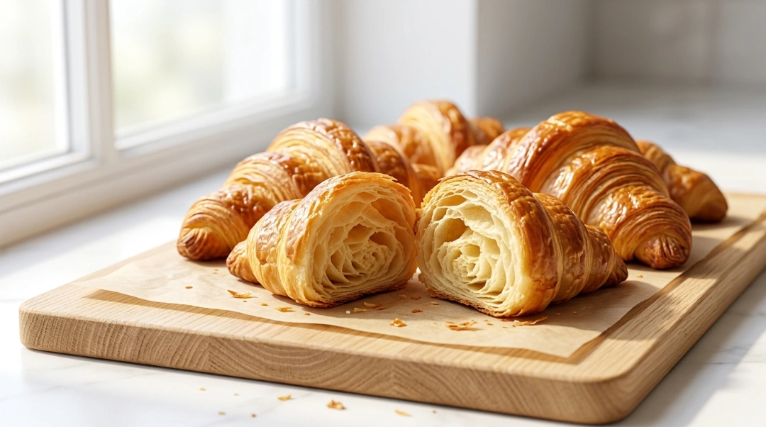 Homemade croissants recipe showing freshly baked golden pastries on a parchment-lined wooden cutting board by a bright window, with one cut open to display the flaky layers.