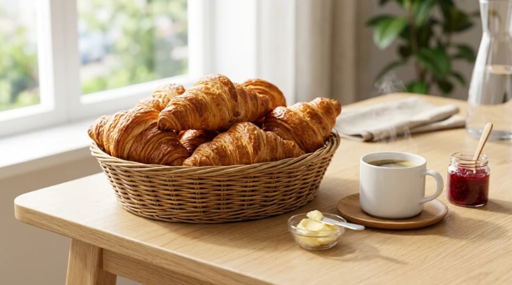 Homemade croissants recipe serving ideas showing a woven basket filled with fresh golden pastries next to a hot cup of coffee, a small dish of butter, and a jar of red jam with a small wooden spoon on a light wooden table by a bright window.