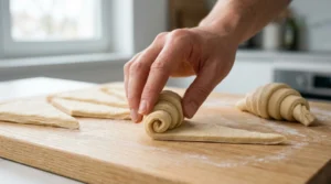Homemade croissants recipe preparation showing a hand gently rolling a thin triangle of laminated dough from the base toward the tip to form a crescent shape on a wooden board.