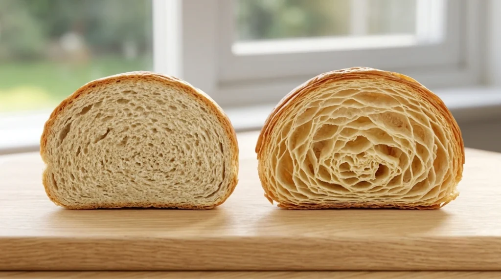 Homemade croissants recipe comparison showing a dense, bread-like pastry on the left where the butter melted, next to a perfectly baked croissant on the right with an open, flaky honeycomb structure.