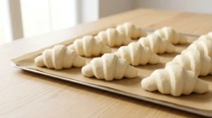 Homemade croissants for beginners showing fully proofed raw dough shapes resting on a parchment-lined metal baking sheet on a light wooden table.