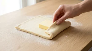 How to make homemade croissants preparation showing a hand folding a smooth sheet of dough over a square block of butter like an envelope on a lightly floured wooden counter.