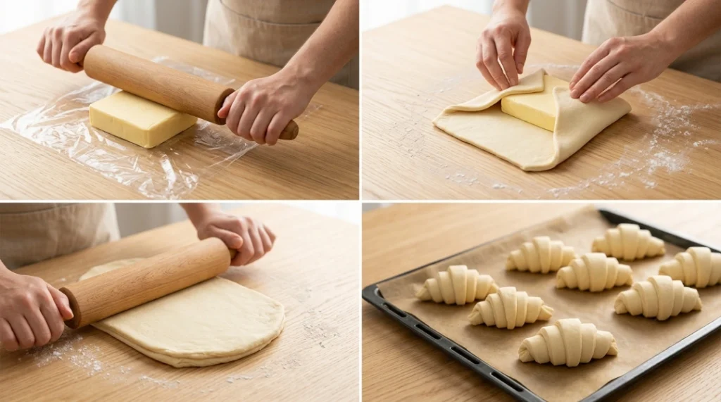 Homemade croissants recipe collage showing four steps: rolling cold butter in plastic wrap, folding dough over the butter block, rolling out the laminated dough with a wooden rolling pin, and shaped raw pastries resting on a parchment-lined baking sheet.